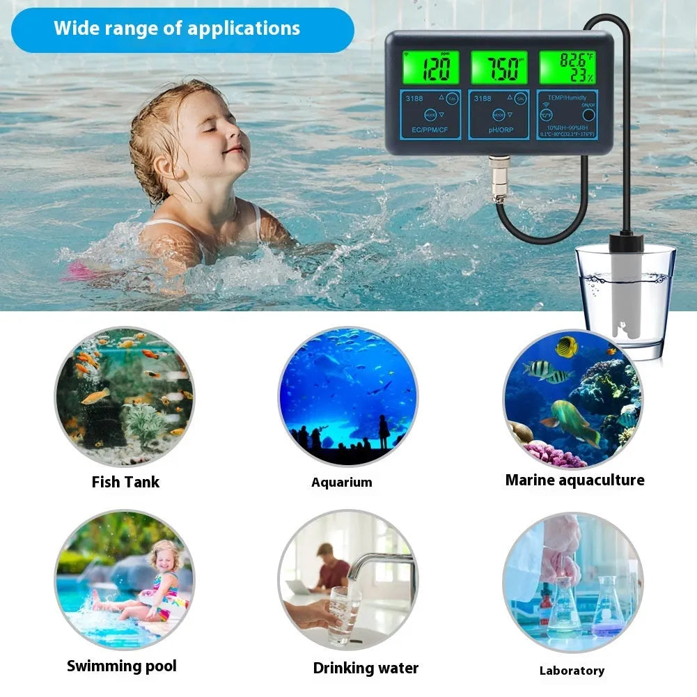 Black 7-in-1 WiFi water quality monitor with EC TDS CF pH ORP humidity temperature testing
