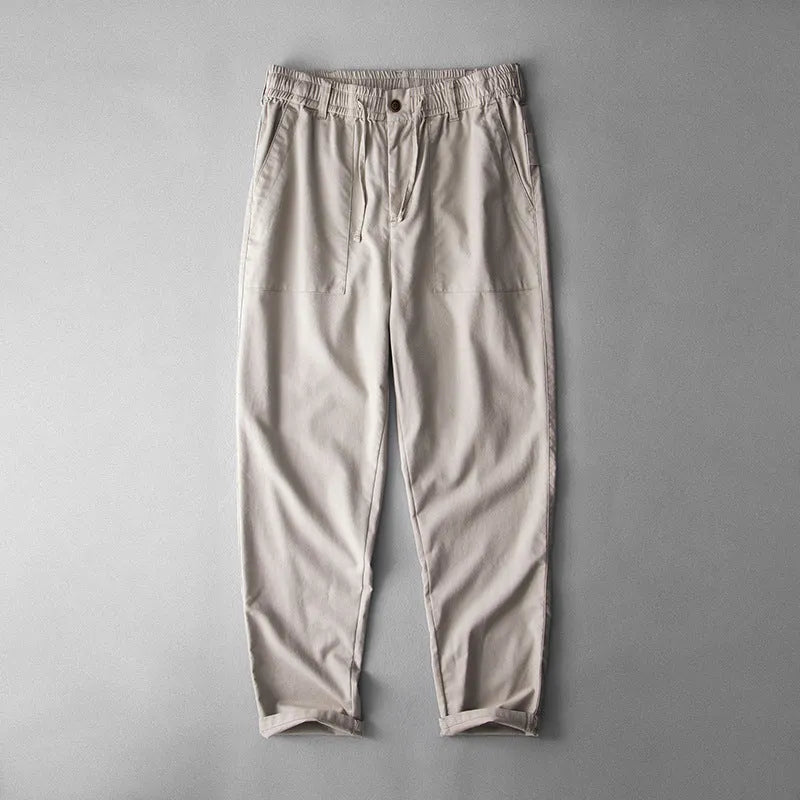 Men's straight-leg linen trousers in a retro casual style, shown in a solid colour.