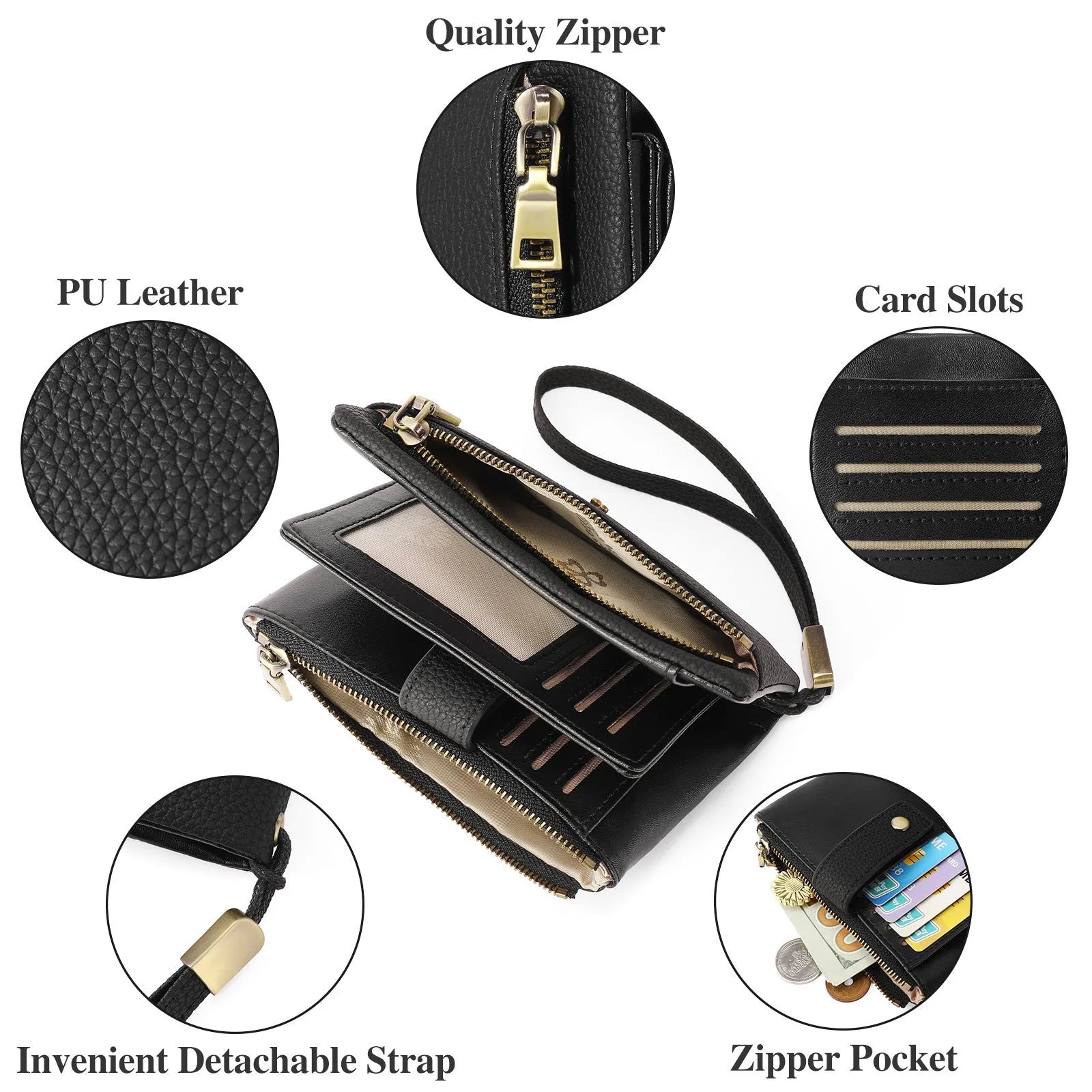 Women's genuine leather anti-theft zipper wallet clutch in midnight black with gift box