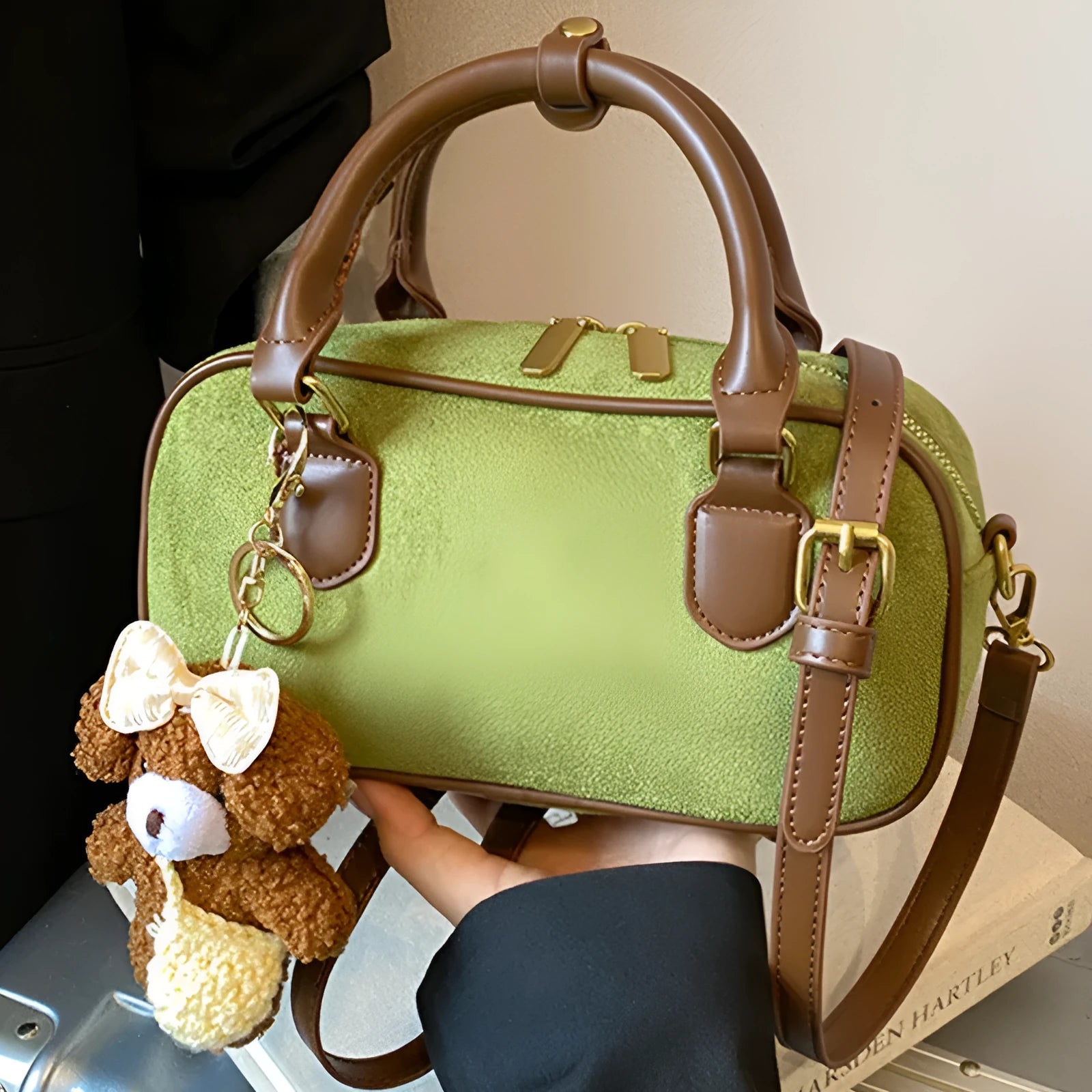 American retro PU leather bowling bag in brown with pendant and crossbody strap