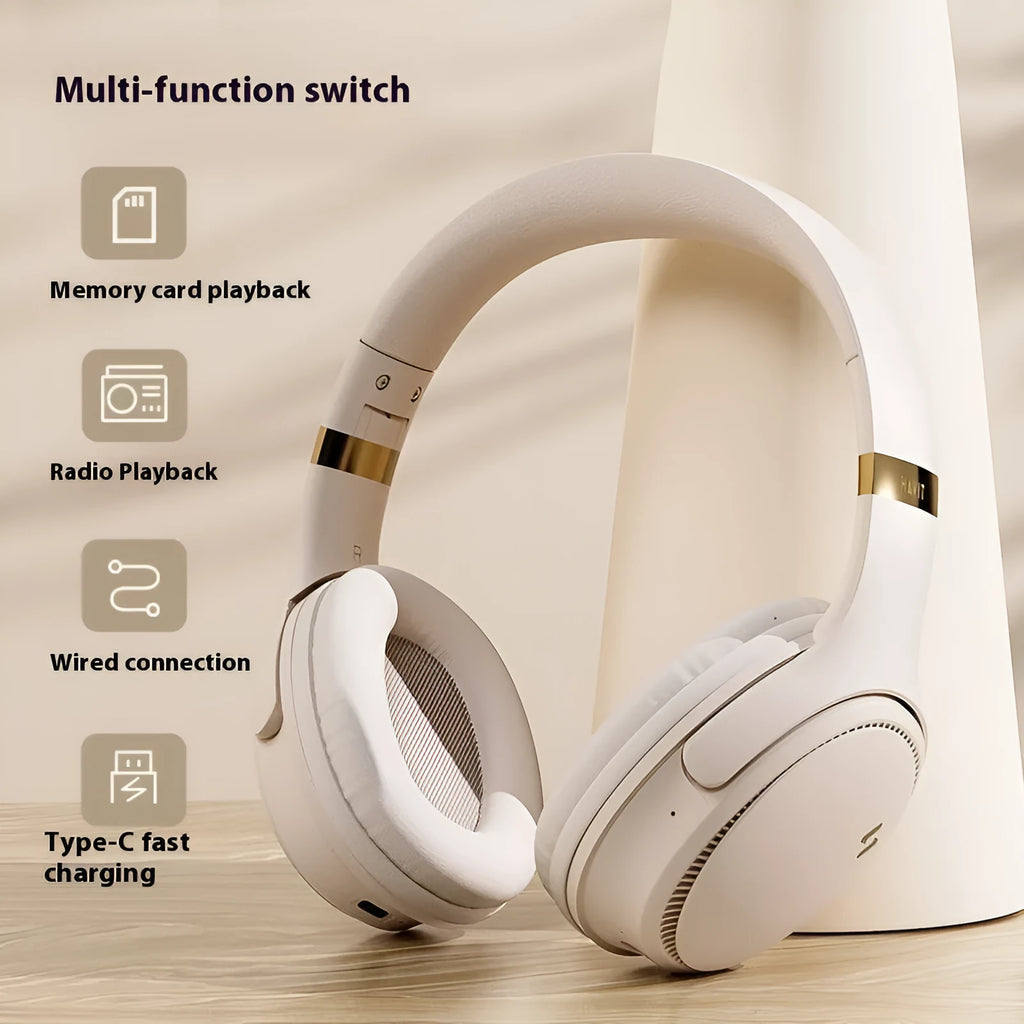 Wireless Bluetooth head-mounted gaming headphones in black or cream colour with over 8-hour battery.