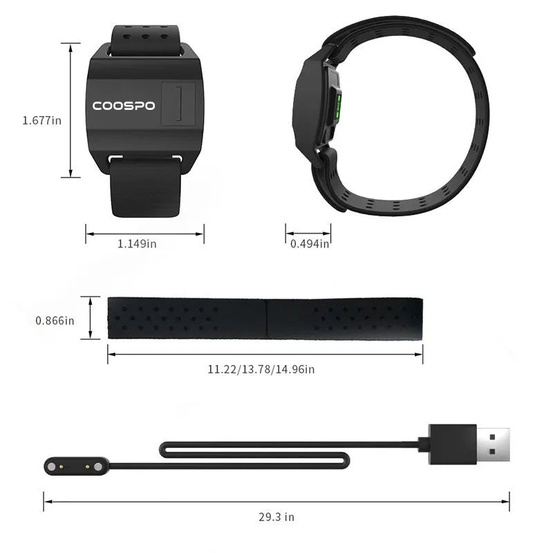 Black waterproof armband heart rate monitor, free size, made from ABS and TPU for cycling and workouts.