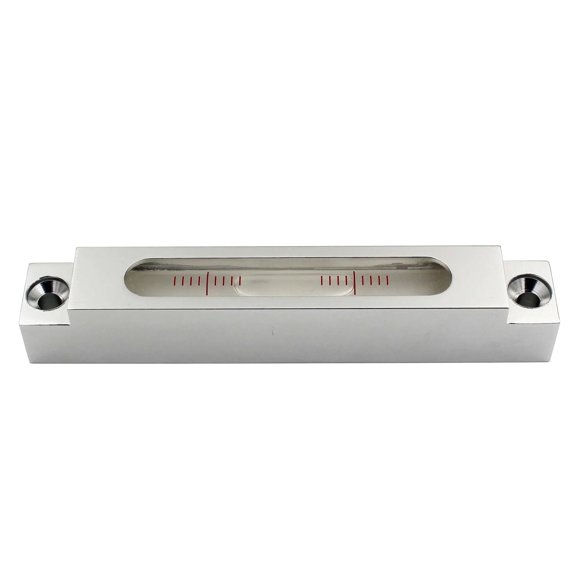 Compact metal and glass mini spirit level showing measurement vial, 132mm long.