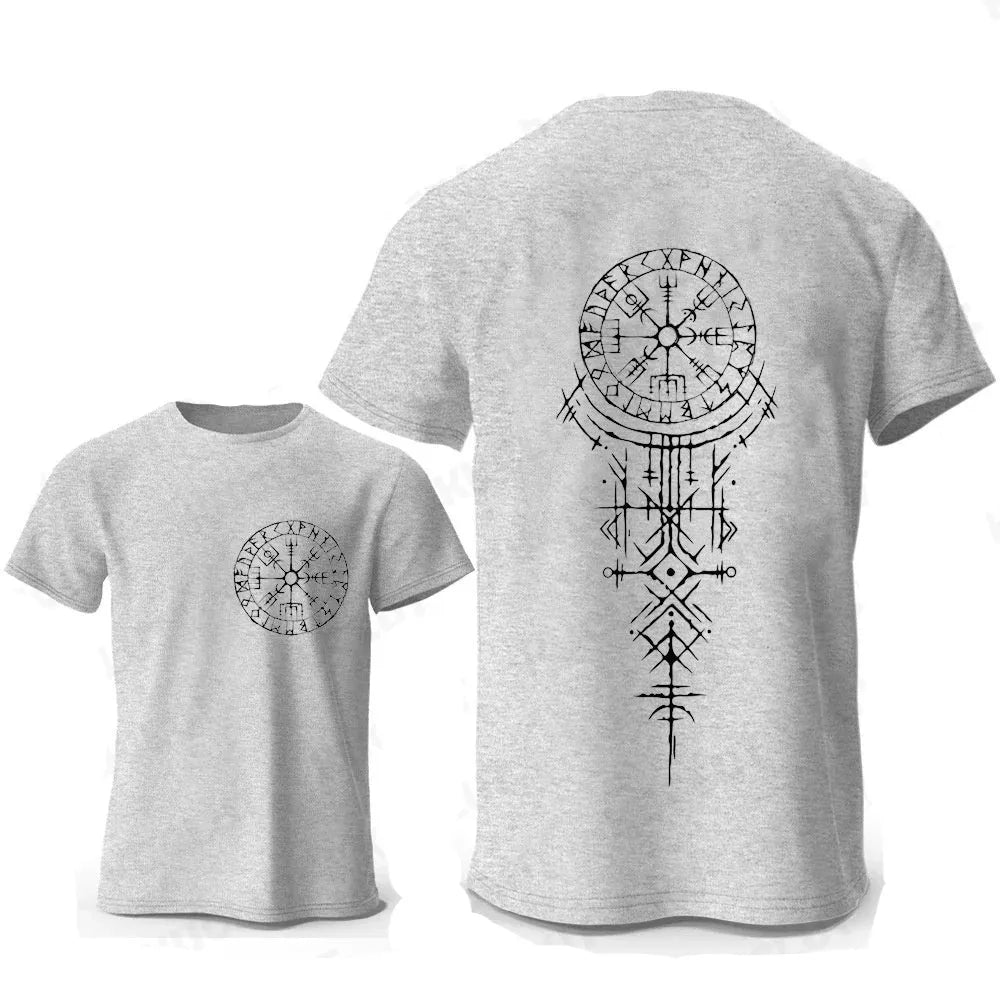 Men's Viking rune compass graphic T-shirt on pure cotton with smiling face design