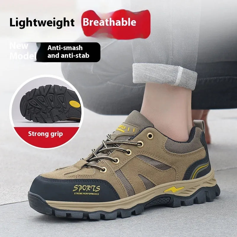 Khaki low top steel toe cap safety shoes with Flyknit upper and rubber sole on grey background