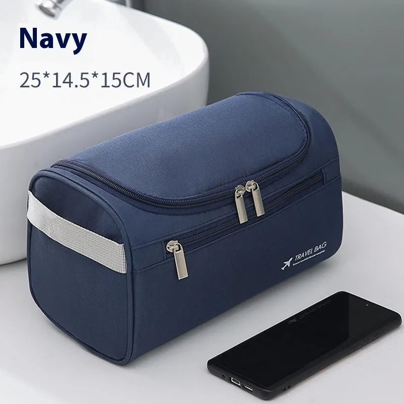 Large waterproof cosmetic storage bag in brown PU leather with a retro style design.