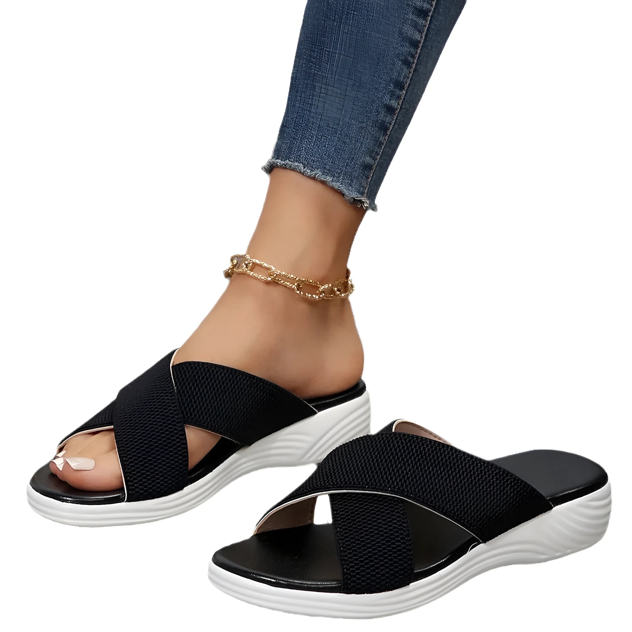Women's black wedge slippers with peep-toe and cross-strap on thick rubber sole