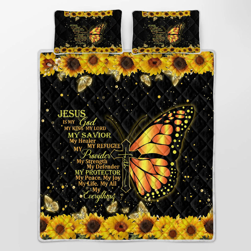 3 piece butterfly and sunflower quilt set with one quilt and two pillow shams in black microfiber polyester