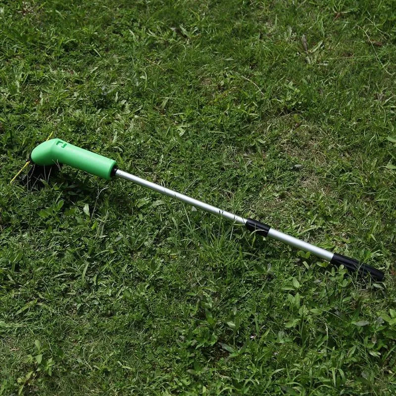 Cordless lawn trimmer with extension pole and protective debris shield for garden maintenance