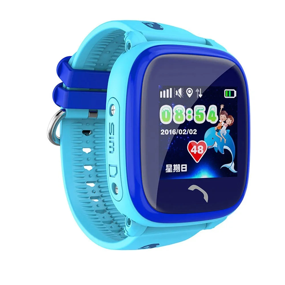 Blue children's waterproof smart watch with touch screen display showing time and SOS icon on a silicone strap.