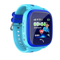 Blue children's waterproof smart watch with touch screen display showing time and SOS icon on a silicone strap.