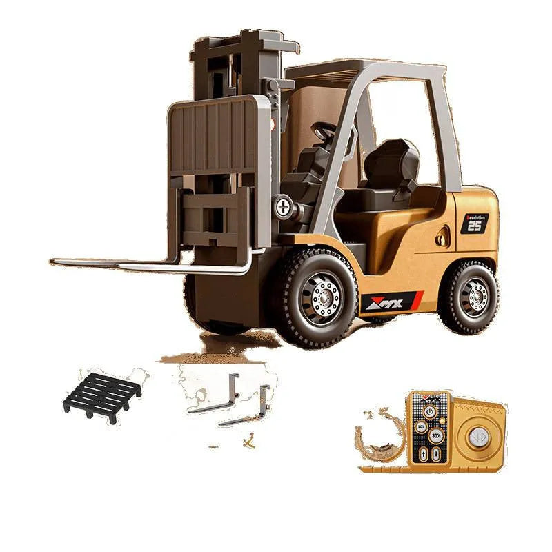 1:64 scale alloy remote control forklift with Bluetooth and working cargo hook displayed with accessories