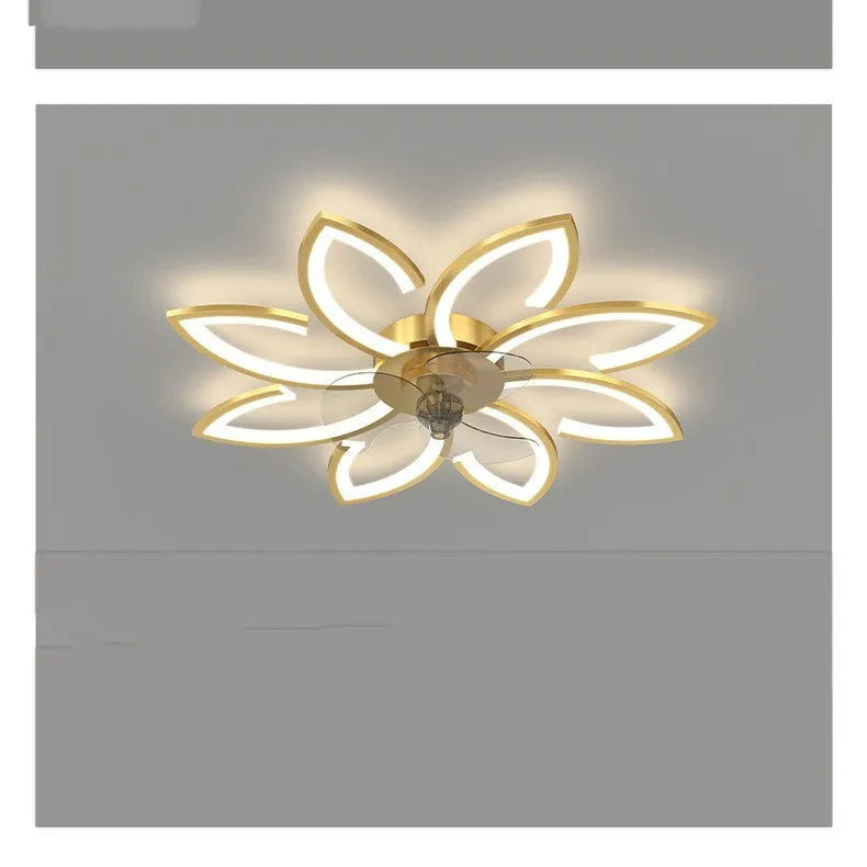 Gold ceiling fan lamp with PVC leaves, 68cm diameter and 4cm height, 72W power