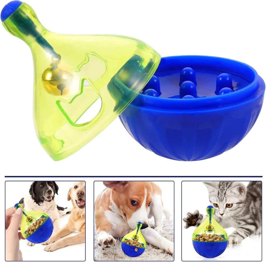 Blue plastic tumbler-shaped pet treat dispenser ball for dogs and cats.