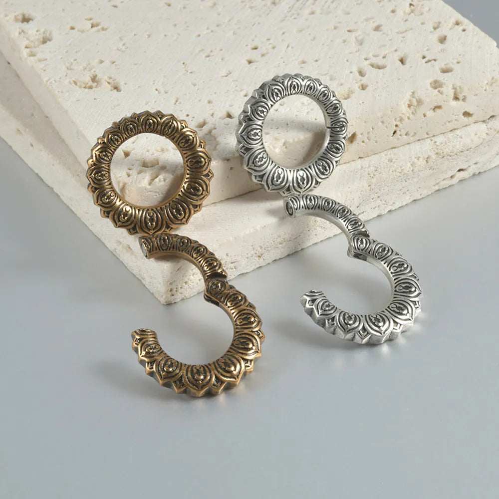 Retro heart-shaped hollow lotus magnetic earrings in antique silver and ancient gold finishes