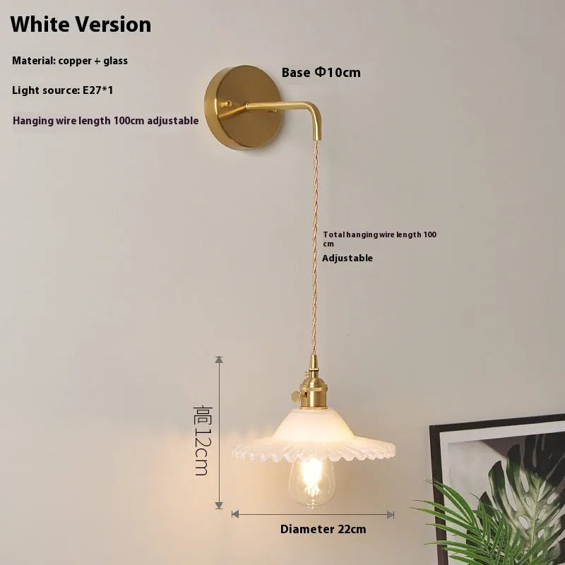 Retro brass lotus wall lamp with glass shade in various colour options