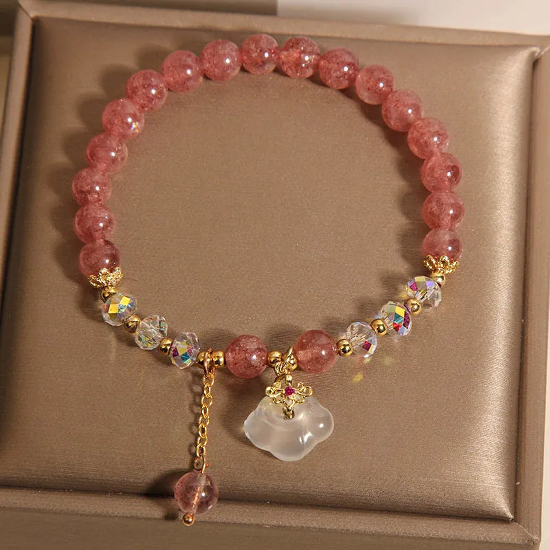 Women's natural strawberry quartz and white agate crystal bracelet with auspicious clouds detailing