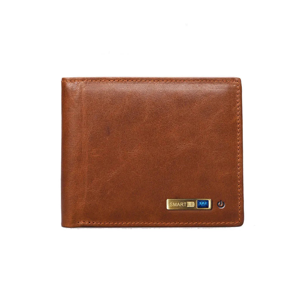 Men's smart leather wallet in brown with multiple card slots and built-in Bluetooth tracker