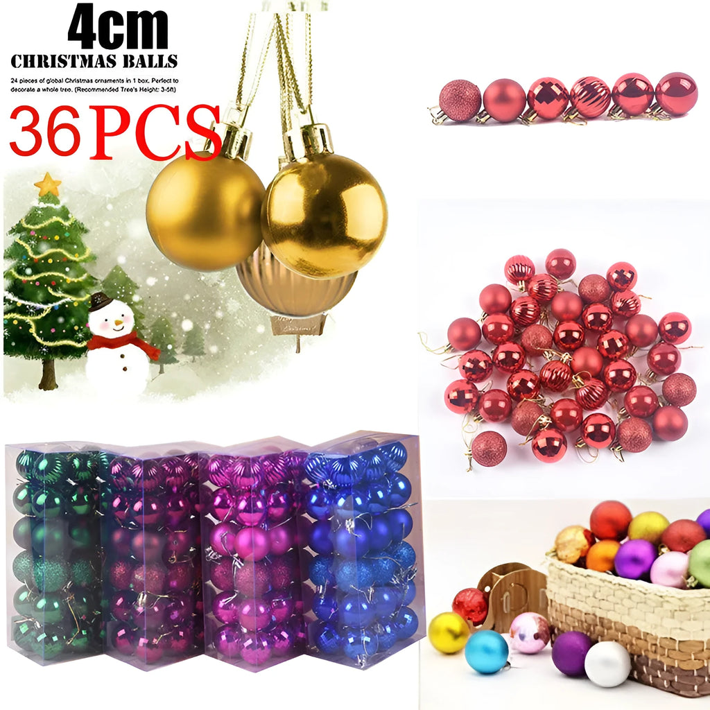 Box of 36 Christmas balls, 4cm diameter, shown in assorted colours including gold, silver, red, and blue