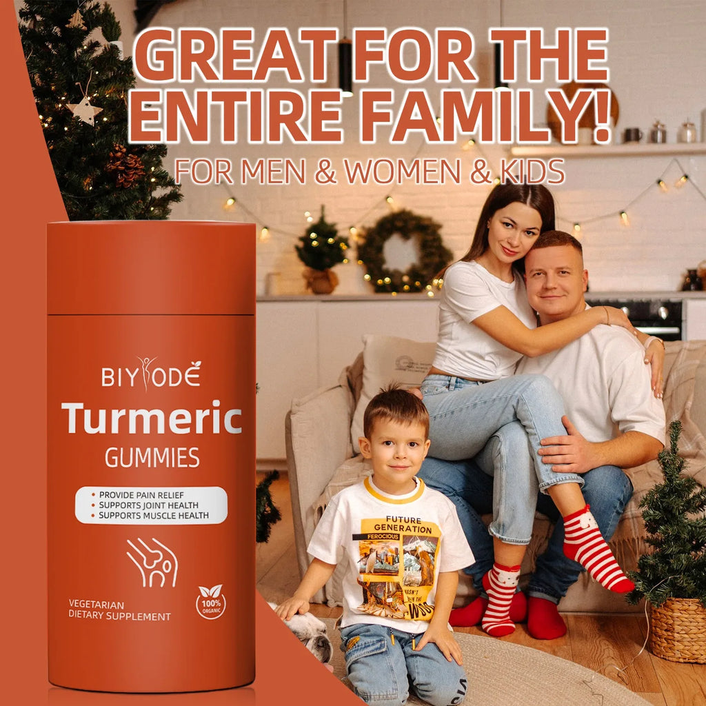 Bottle of organic turmeric gummies 60 count for immune support by biyode