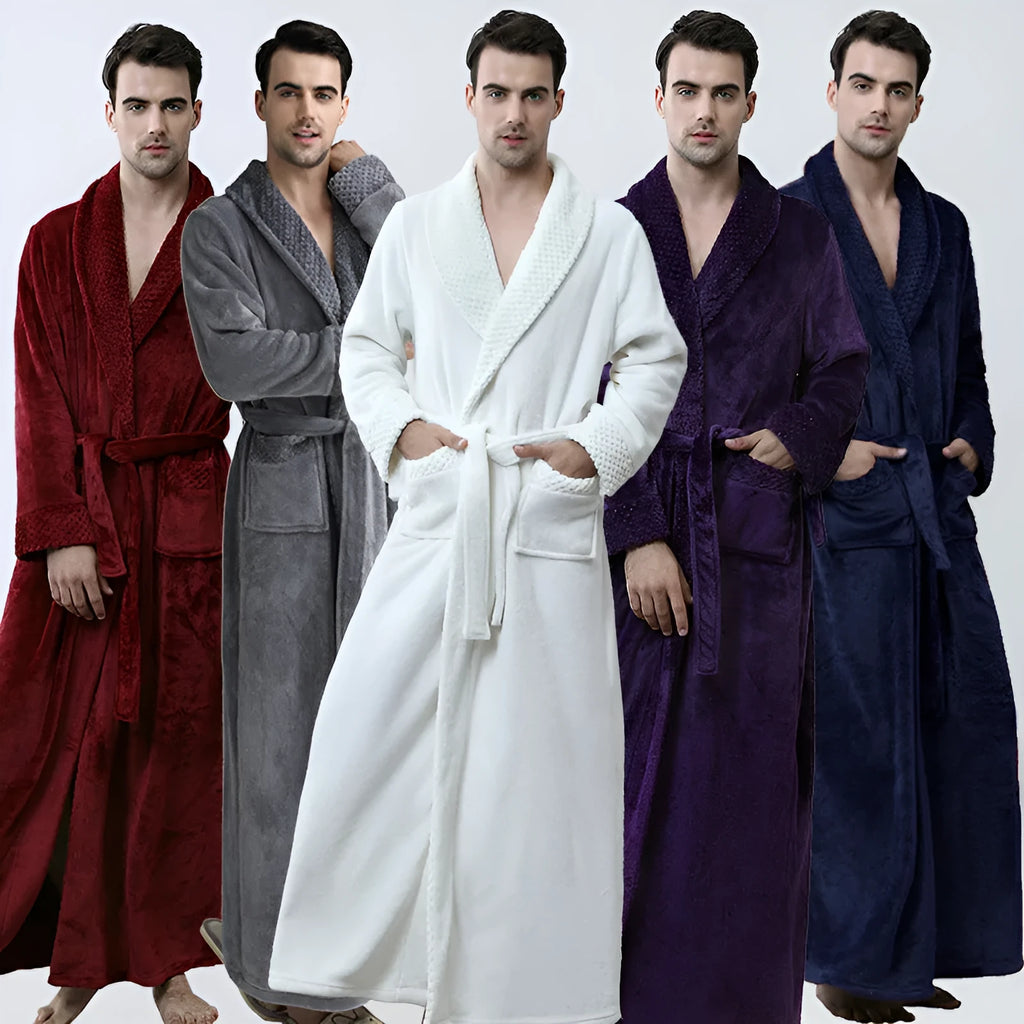 Men's winter coral fleece nightgown in gray, cardigan style with long sleeves, knitted flannel fabric