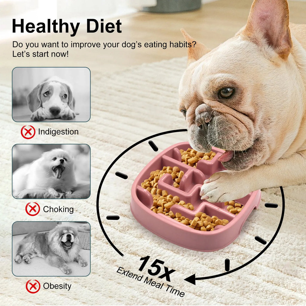 Square macaron-coloured slow feeder bowl with maze pattern for dogs and cats.