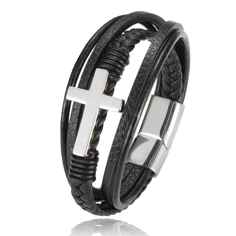 Multi-layer braided stainless steel cross men's unisex bracelet in gold colour with electroplated finish