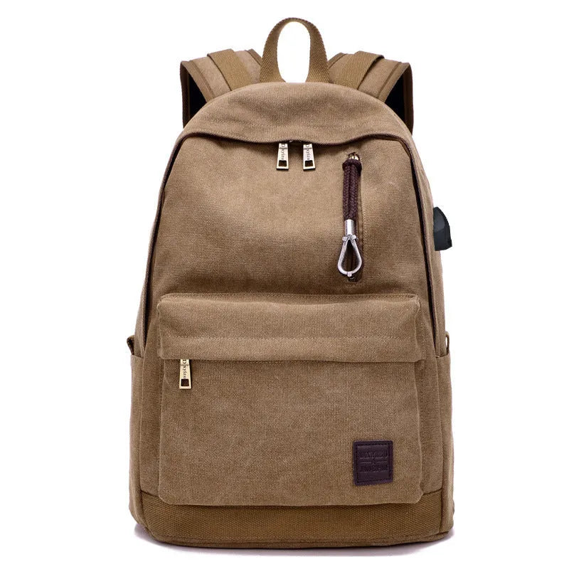 Canvas USB charging backpack with computer pocket showing coffee colour option