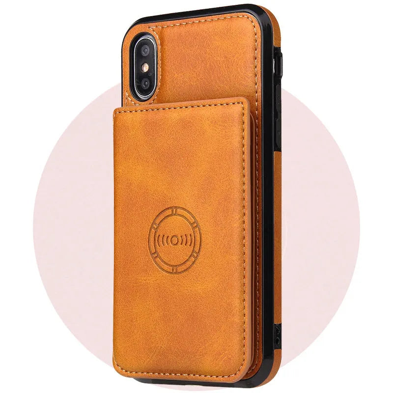 Imitation leather iPhone wallet case in multiple colours showing card slots on the back.