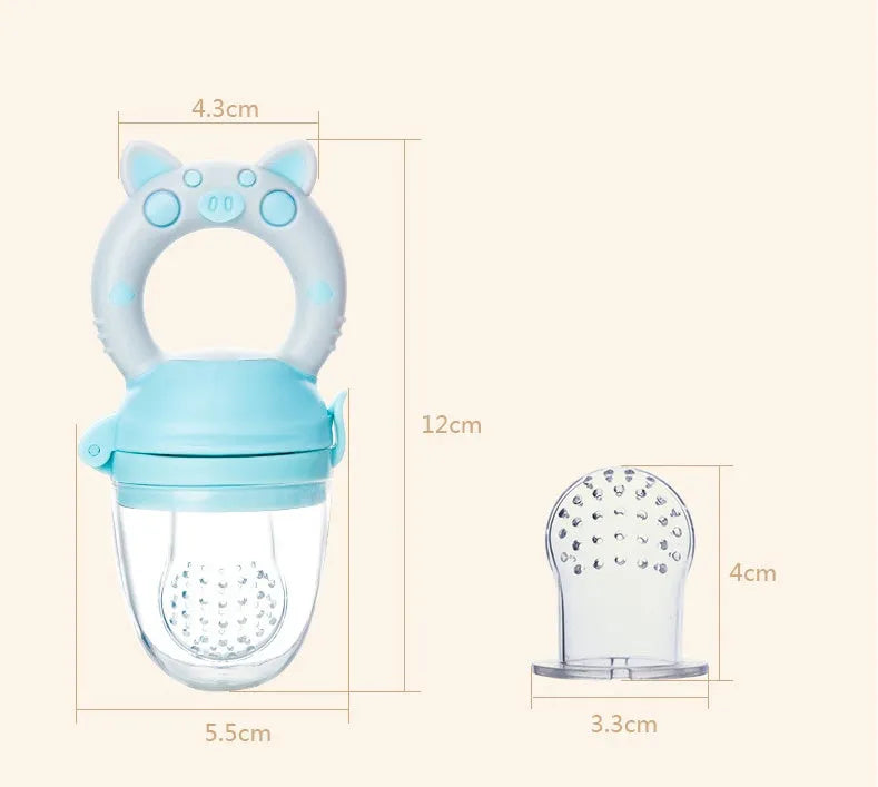 Soft silicone baby teether in blue, green, or pink colour options.