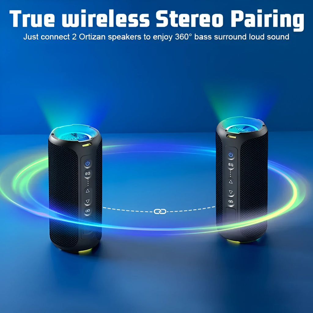 Black and blue fabric-covered 40W wireless Bluetooth speaker with luminous lighting effect.