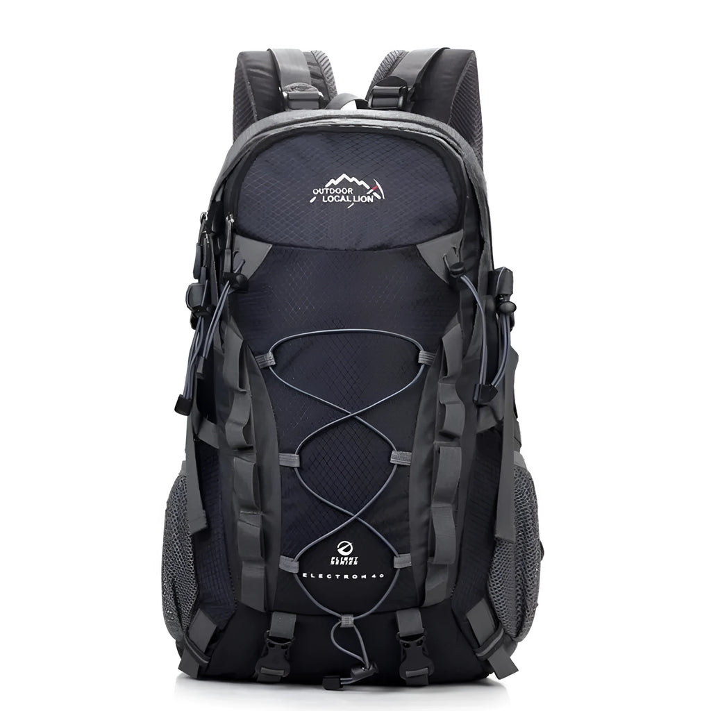 Green polyester outdoor backpack with straps, shown with dimensions for hiking and camping.
