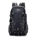 Green polyester outdoor backpack with straps, shown with dimensions for hiking and camping.