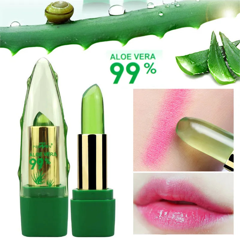 Aloe vera colour changing lipstick with moisturising aloe gel in compact tube packaging
