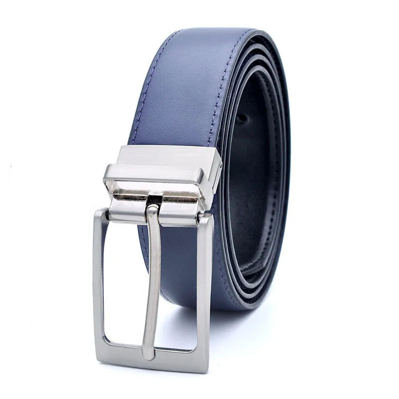 Men's dark brown and black genuine leather belt with a silver rotating pin buckle shown on a table.