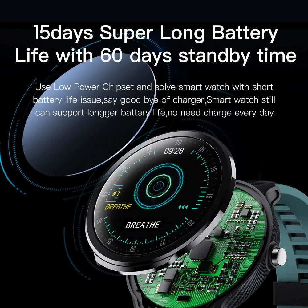 Waterproof smart watch with square 48.5mm case showing touch screen interface and available in green and orange colour options