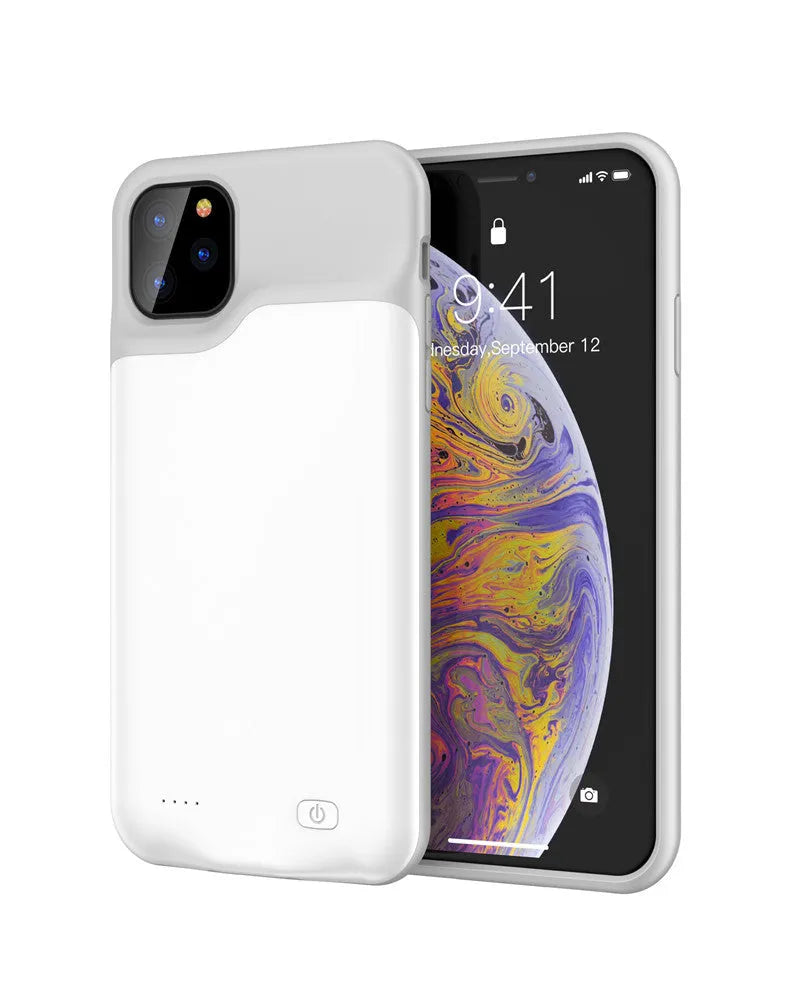 Shockproof silicone iPhone battery charging case in black, blue, pink, or white.