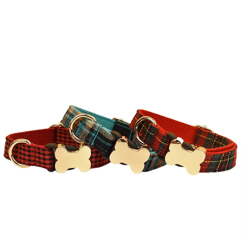 Flat fabric dog collar with printed grid pattern and bone-shaped metal buckle