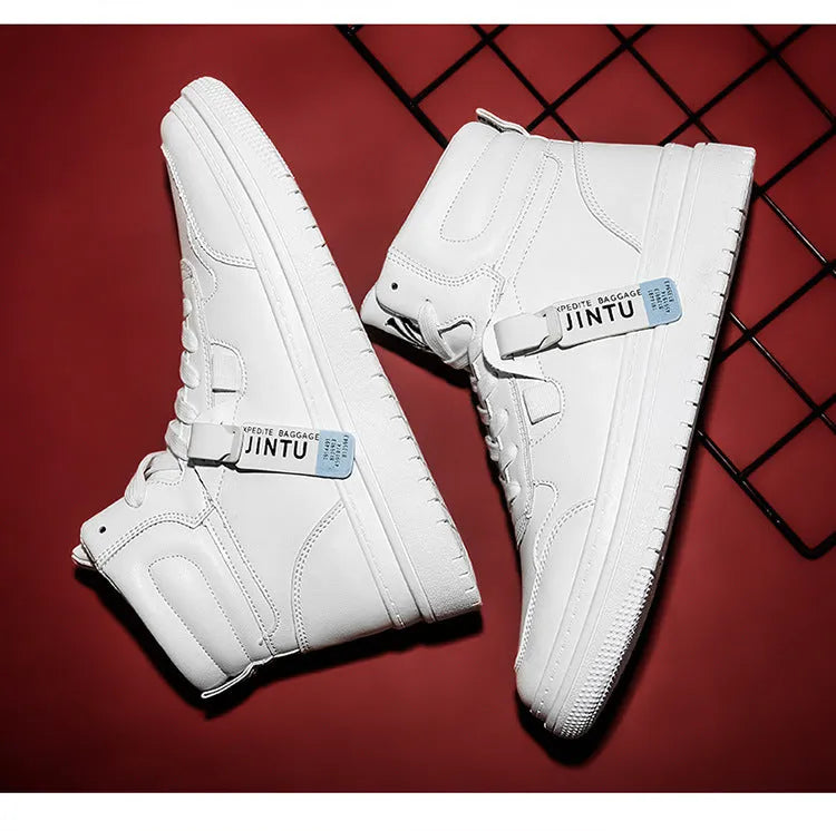 Men's Korean style short boots in white with faux leather upper, side view showing clean silhouette