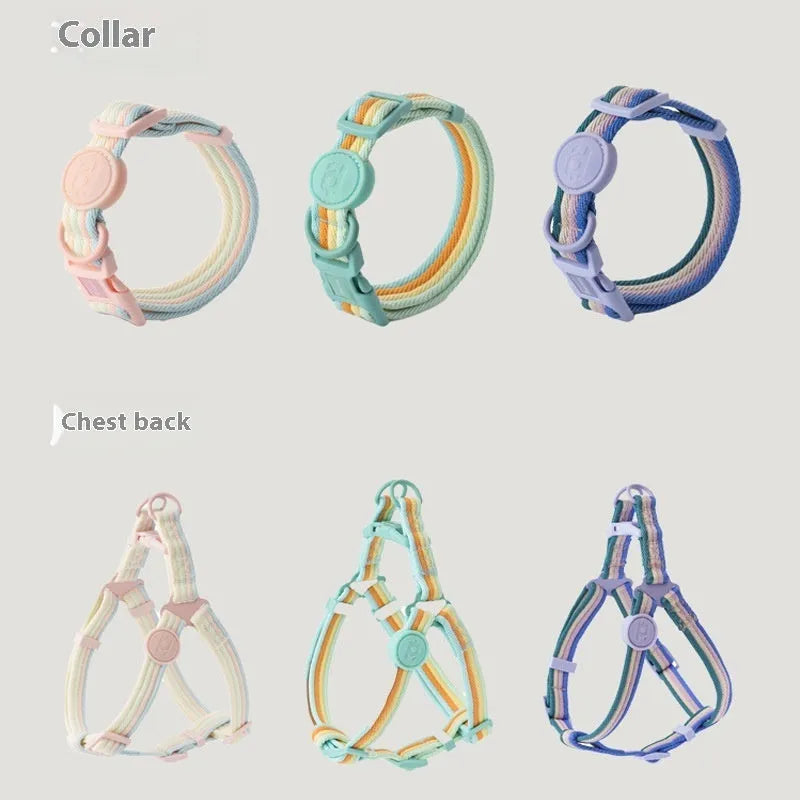 Retro dog collar and chest back harness set for small and medium dogs with hand-holding rope in multiple colours