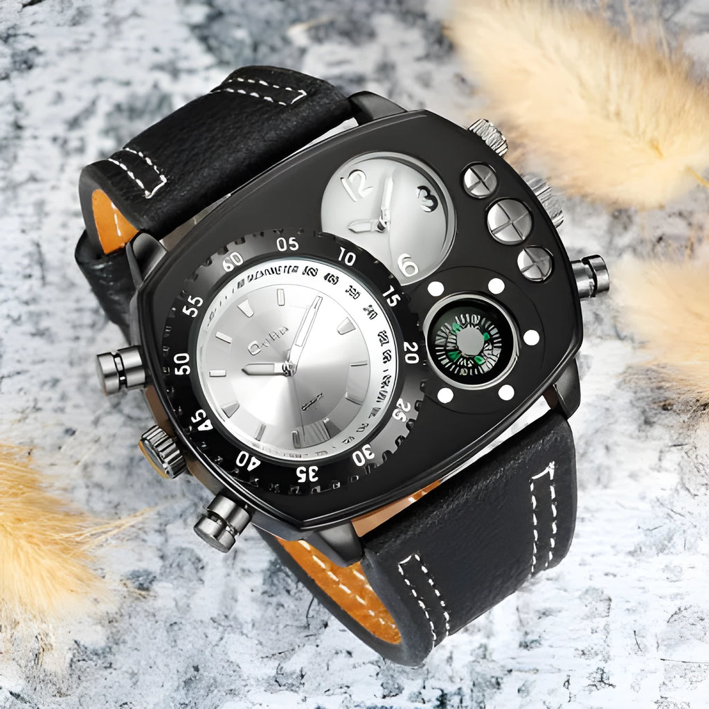 Men's quartz sports watch with leather strap, alloy case, 45mm dial, black or white option