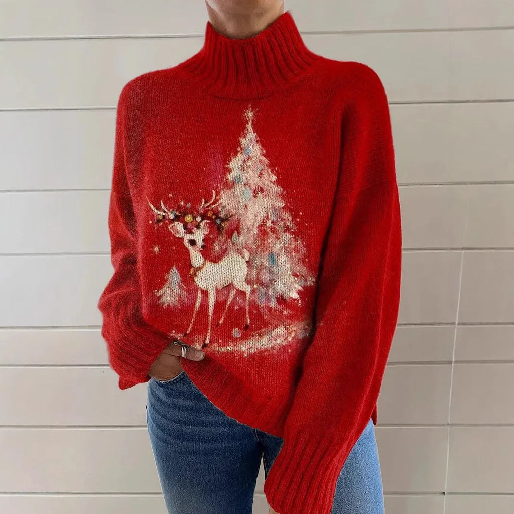 A woman's loose-fit Christmas sweater with a painted festive print, a turtleneck, and long sleeves in a soft macaron colour.