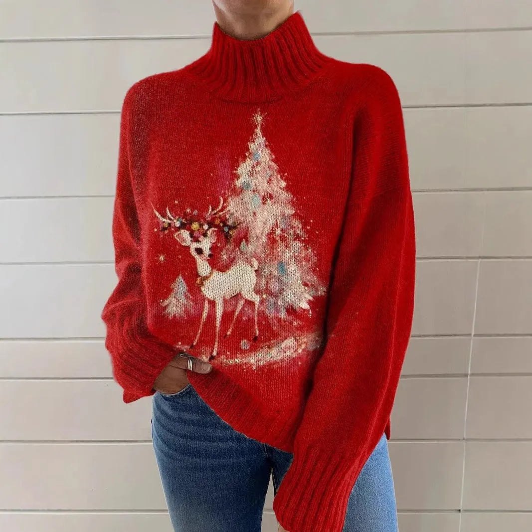 A woman's loose-fit Christmas sweater with a painted festive print, a turtleneck, and long sleeves in a soft macaron colour.
