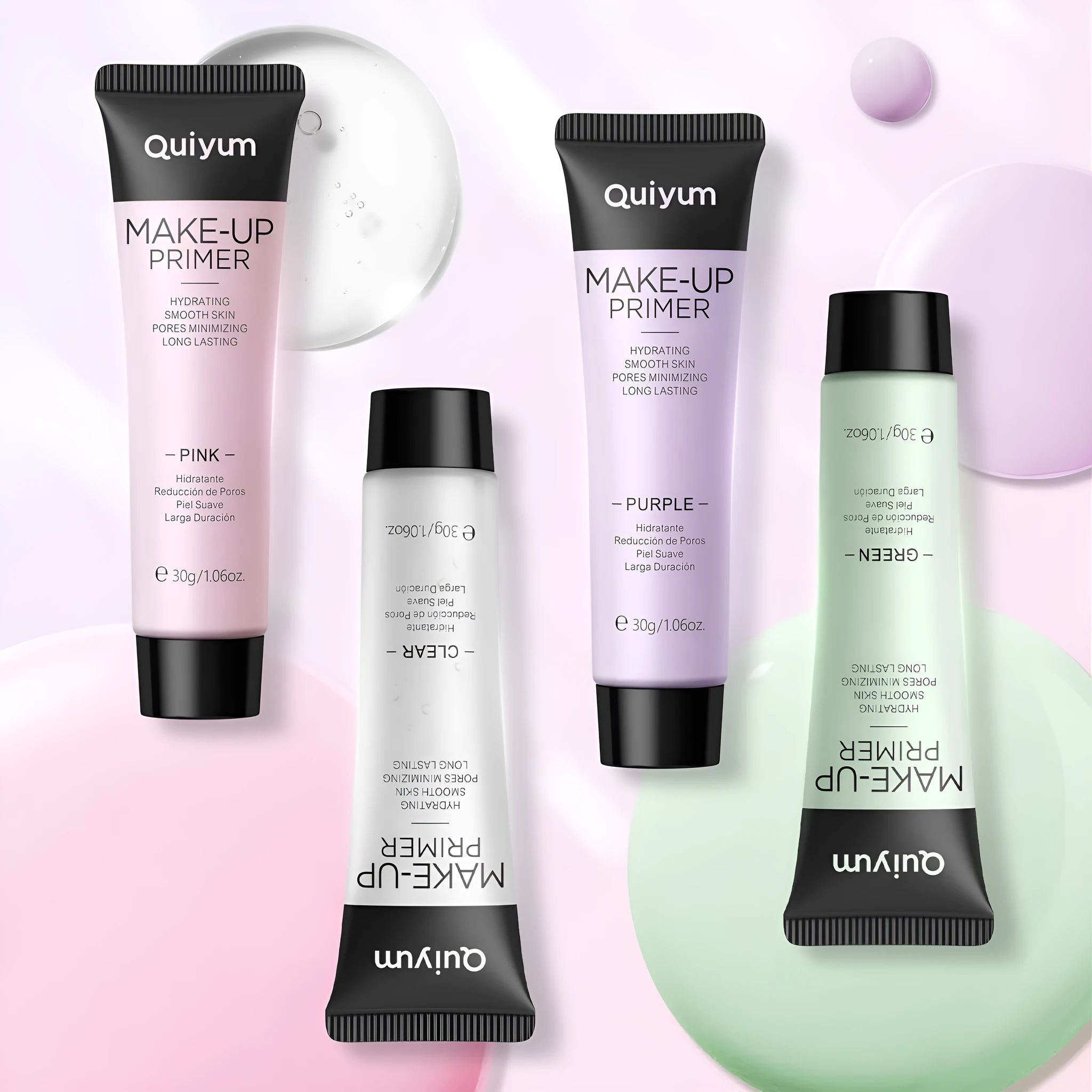 30g tube of colour-correcting moisturising makeup primer in green, pink, and purple shades