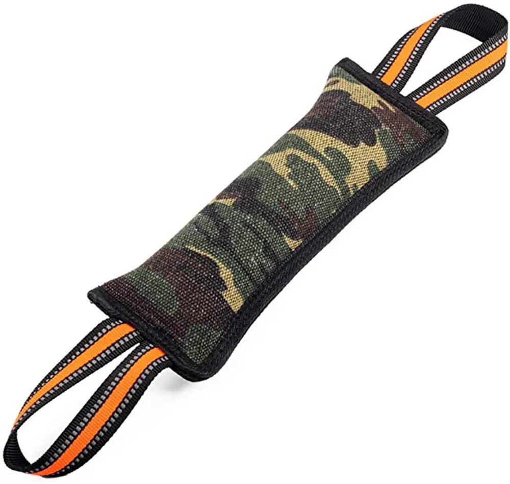 Yellow-edged jute rope dog training bite stick showing reflective material and approximately 55cm length