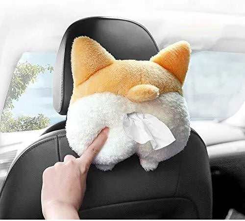 Yellow plush corgi butt-shaped tissue box cover with elastic strap for car sun visor