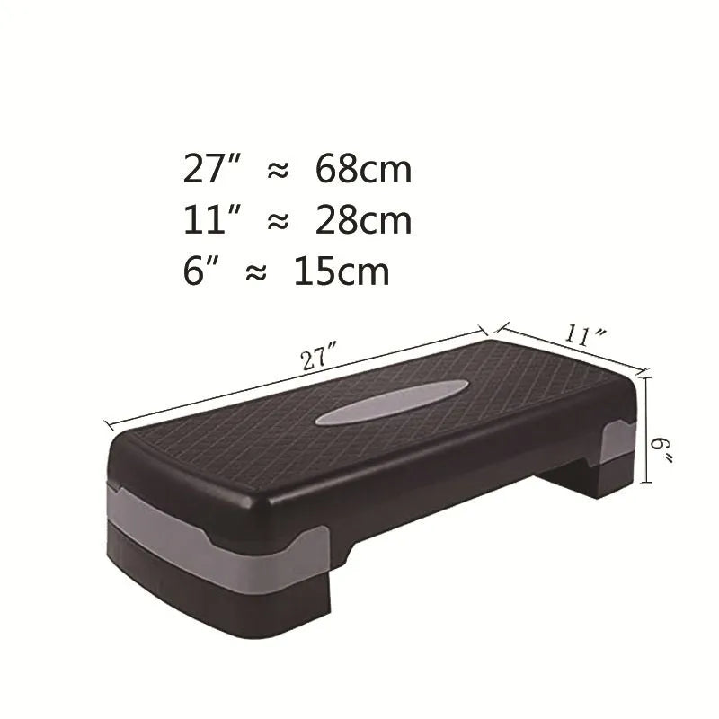 Aerobic fit step pedal in PP material, 68 by 28 by 15 cm, black and blue colour, for home cardio exercise
