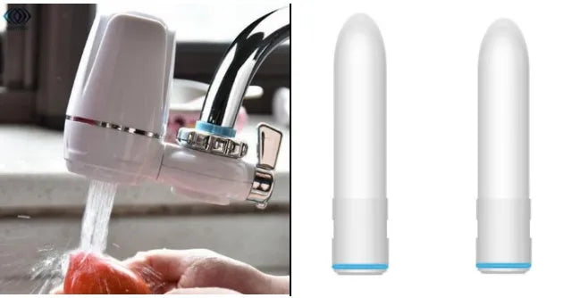 White plastic faucet water filter with ceramic cartridge and universal tap adapter kit.