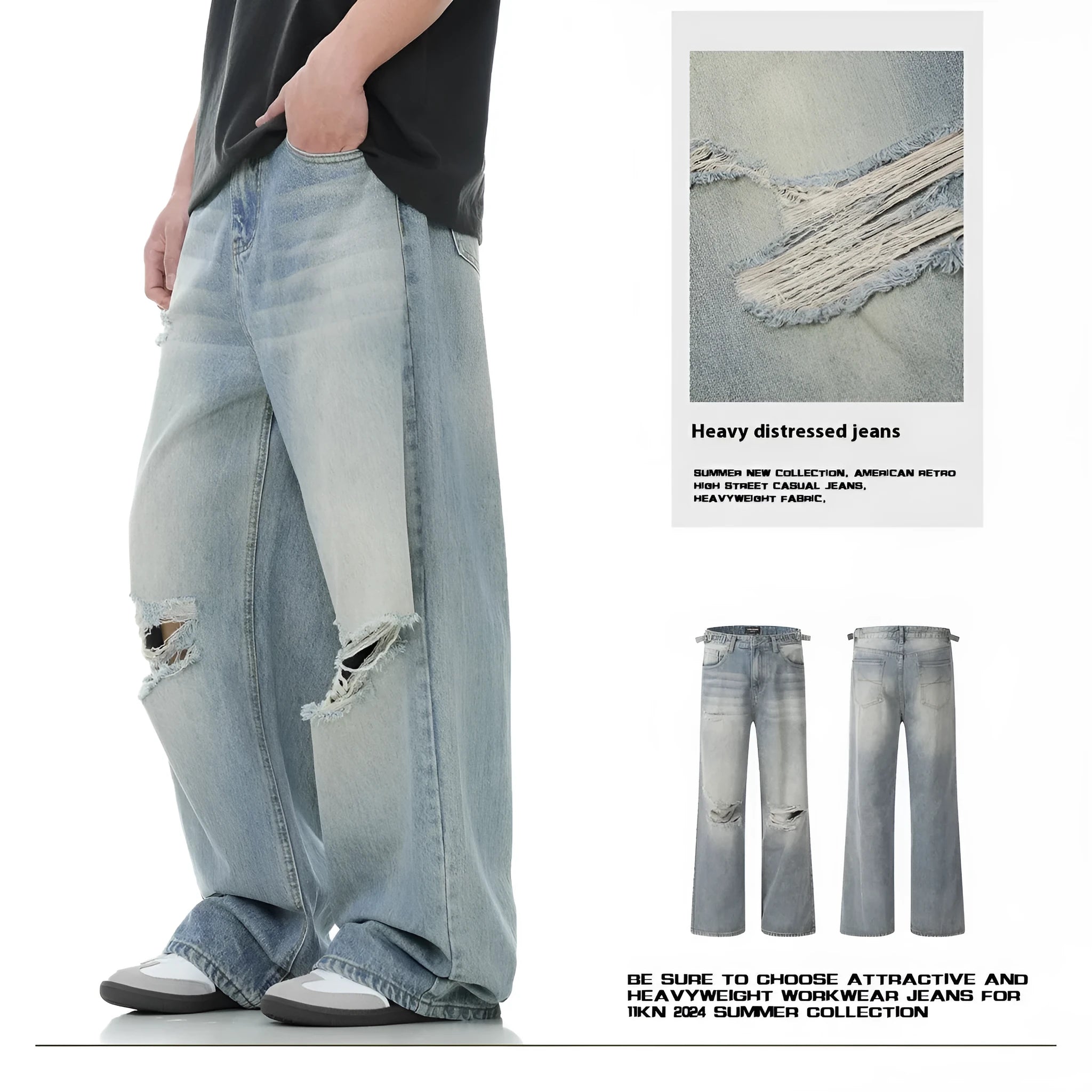 Men's blue straight-leg jeans with distressed ripped details and a zipper fly.