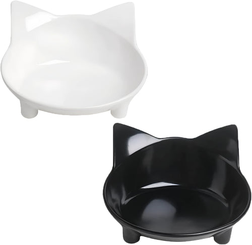 Four shallow melamine pet bowls with anti-skid rubber bases in black and white colours